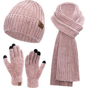 Womens Winter Knit Warm Hat Beanie+Long Scarf+Touch Screen Gloves Set Skull Caps